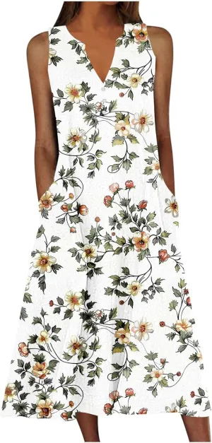 Women Sundresses Plus Size Floral High Waist Sleeveless Flowy A Line Midi Dresses Loose Boho Dress with Pockets