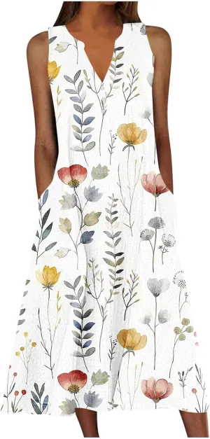Women Sundresses Plus Size Floral High Waist Sleeveless Flowy A Line Midi Dresses Loose Boho Dress with Pockets