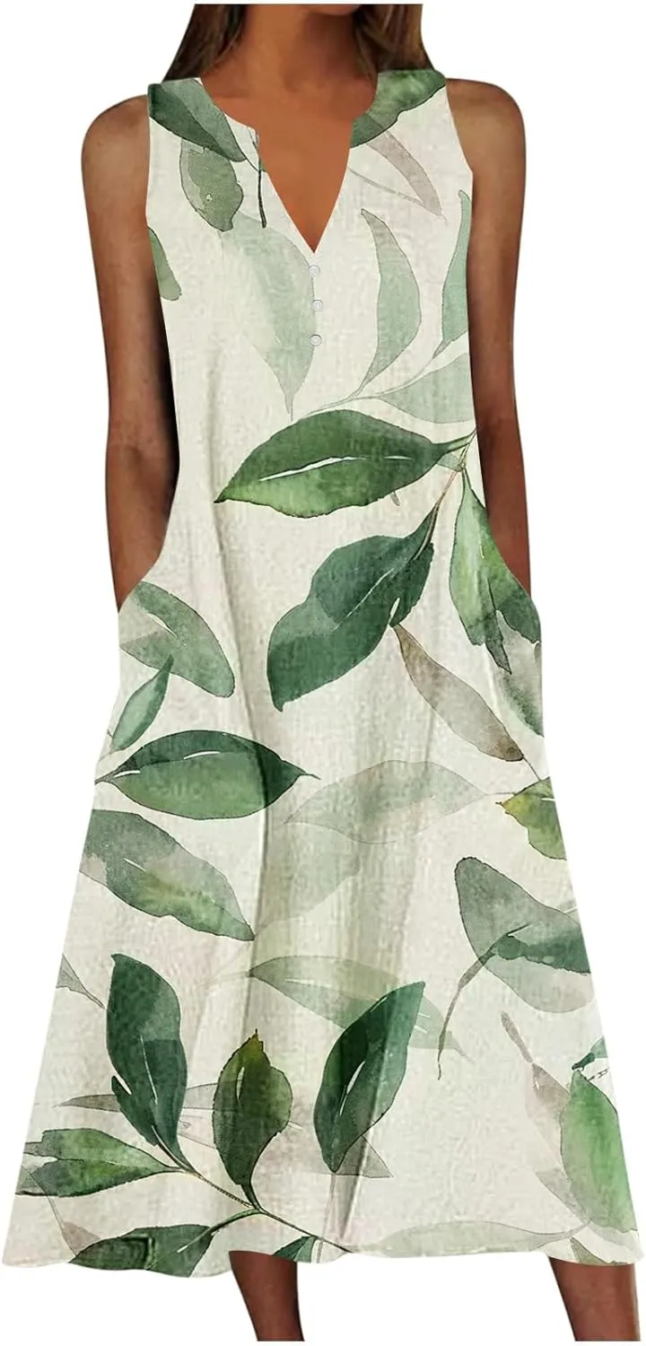Women Sundresses Plus Size Floral High Waist Sleeveless Flowy A Line Midi Dresses Loose Boho Dress with Pockets