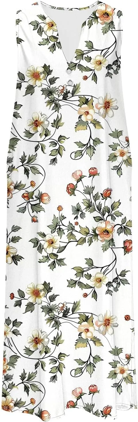 Women Sundresses Plus Size Floral High Waist Sleeveless Flowy A Line Midi Dresses Loose Boho Dress with Pockets