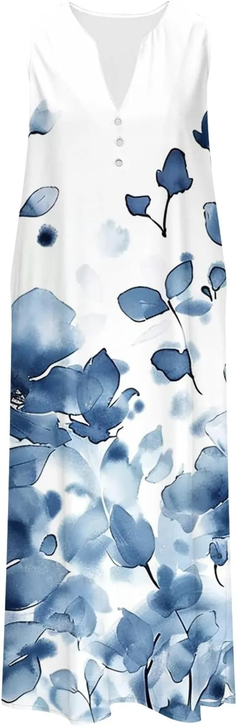 Women Sundresses Plus Size Floral High Waist Sleeveless Flowy A Line Midi Dresses Loose Boho Dress with Pockets