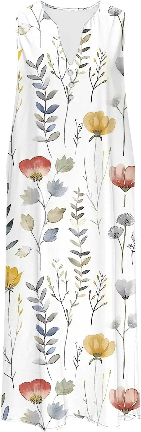 Women Sundresses Plus Size Floral High Waist Sleeveless Flowy A Line Midi Dresses Loose Boho Dress with Pockets