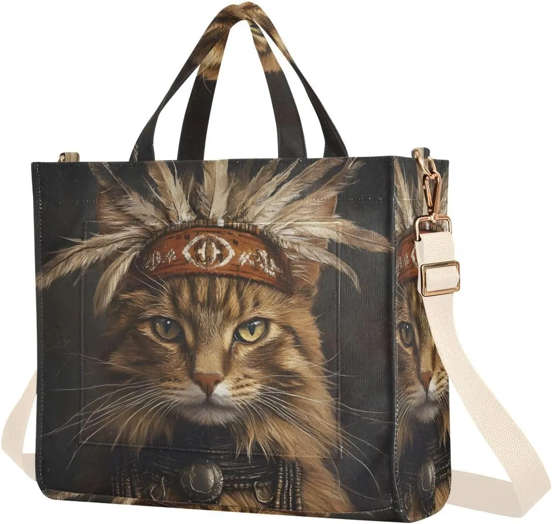 Women Tote Bag-Cat Indian Chief, Cloth Handbag Crossbody Bag with Inner Pocket Small