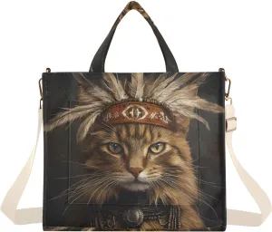 Women Tote Bag-Cat Indian Chief, Cloth Handbag Crossbody Bag with Inner Pocket Small