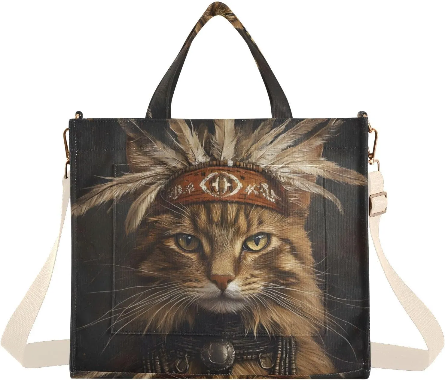 Women Tote Bag-Cat Indian Chief, Cloth Handbag Crossbody Bag with Inner Pocket Small