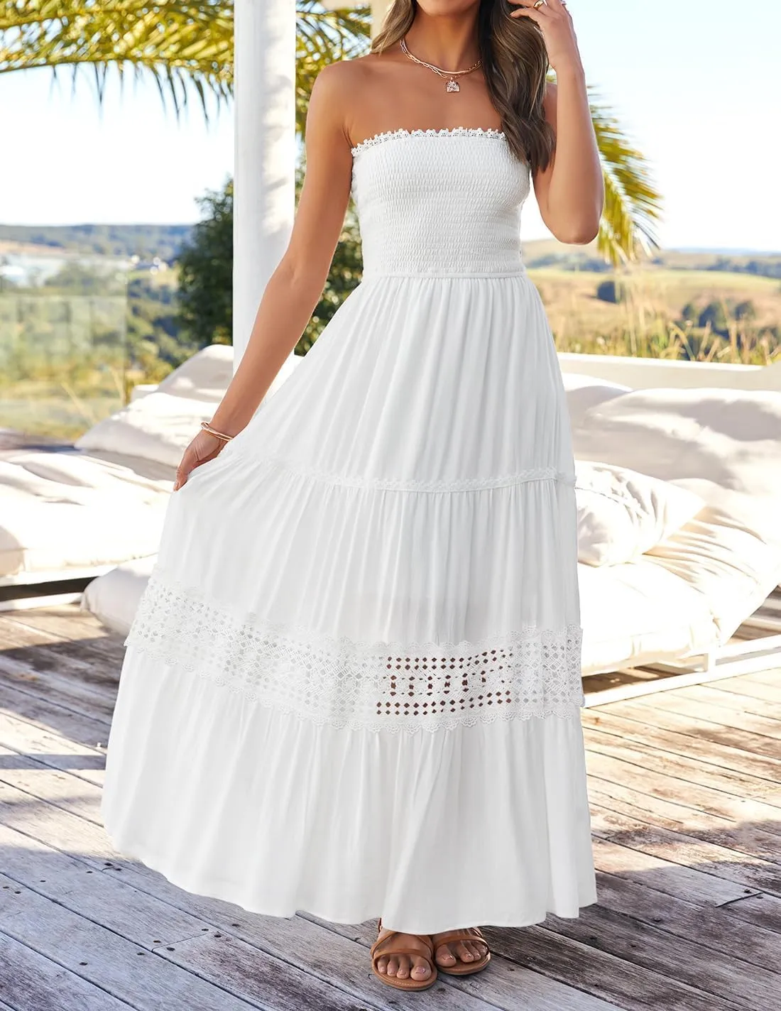 Women's 2025 Summer Bohemian Strapless Off Shoulder Lace Trim Backless Flowy A Line Beach Long Maxi Dress