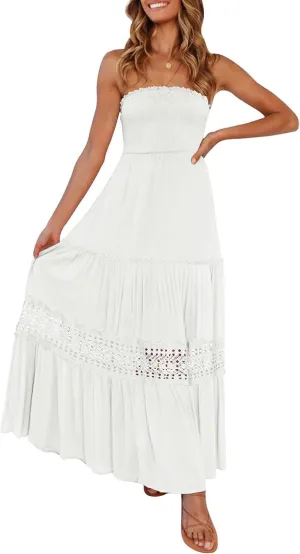 Women's 2025 Summer Bohemian Strapless Off Shoulder Lace Trim Backless Flowy A Line Beach Long Maxi Dress