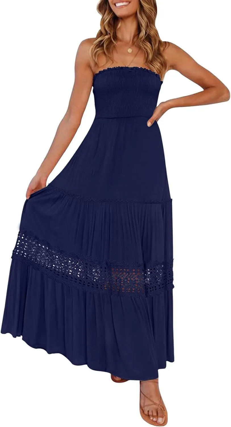 Women's 2025 Summer Bohemian Strapless Off Shoulder Lace Trim Backless Flowy A Line Beach Long Maxi Dress
