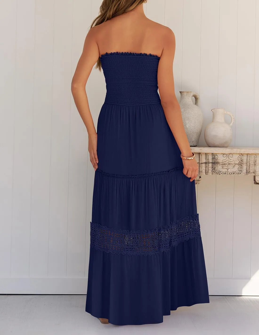 Women's 2025 Summer Bohemian Strapless Off Shoulder Lace Trim Backless Flowy A Line Beach Long Maxi Dress