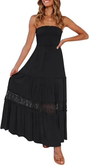 Women's 2025 Summer Bohemian Strapless Off Shoulder Lace Trim Backless Flowy A Line Beach Long Maxi Dress