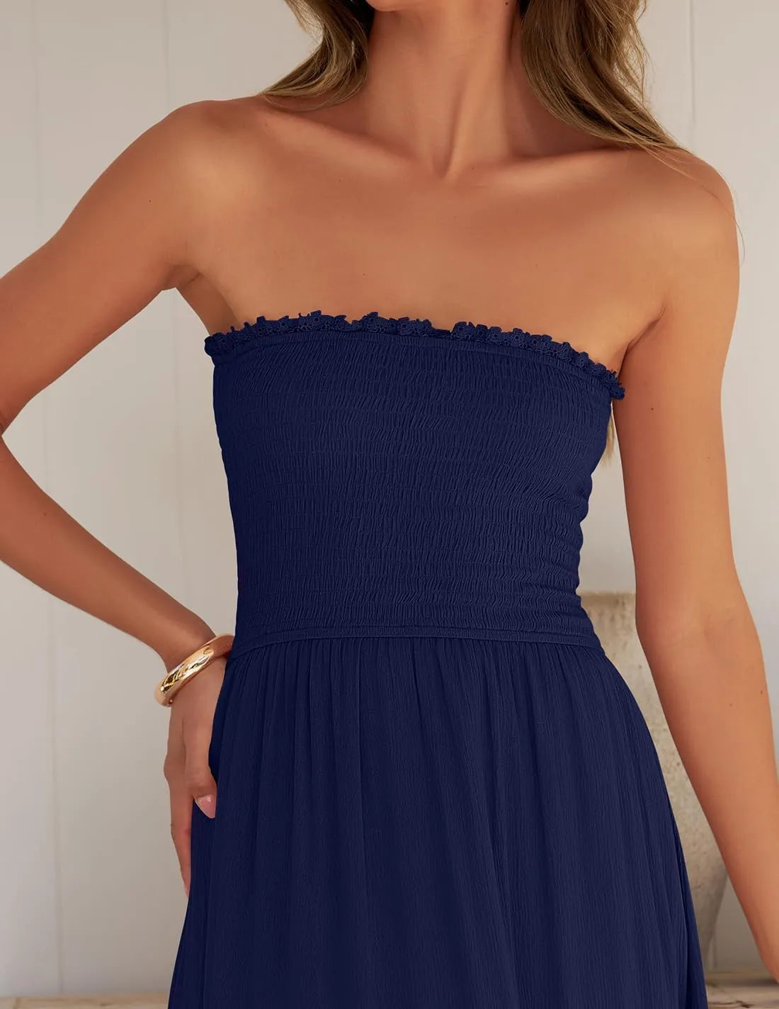 Women's 2025 Summer Bohemian Strapless Off Shoulder Lace Trim Backless Flowy A Line Beach Long Maxi Dress