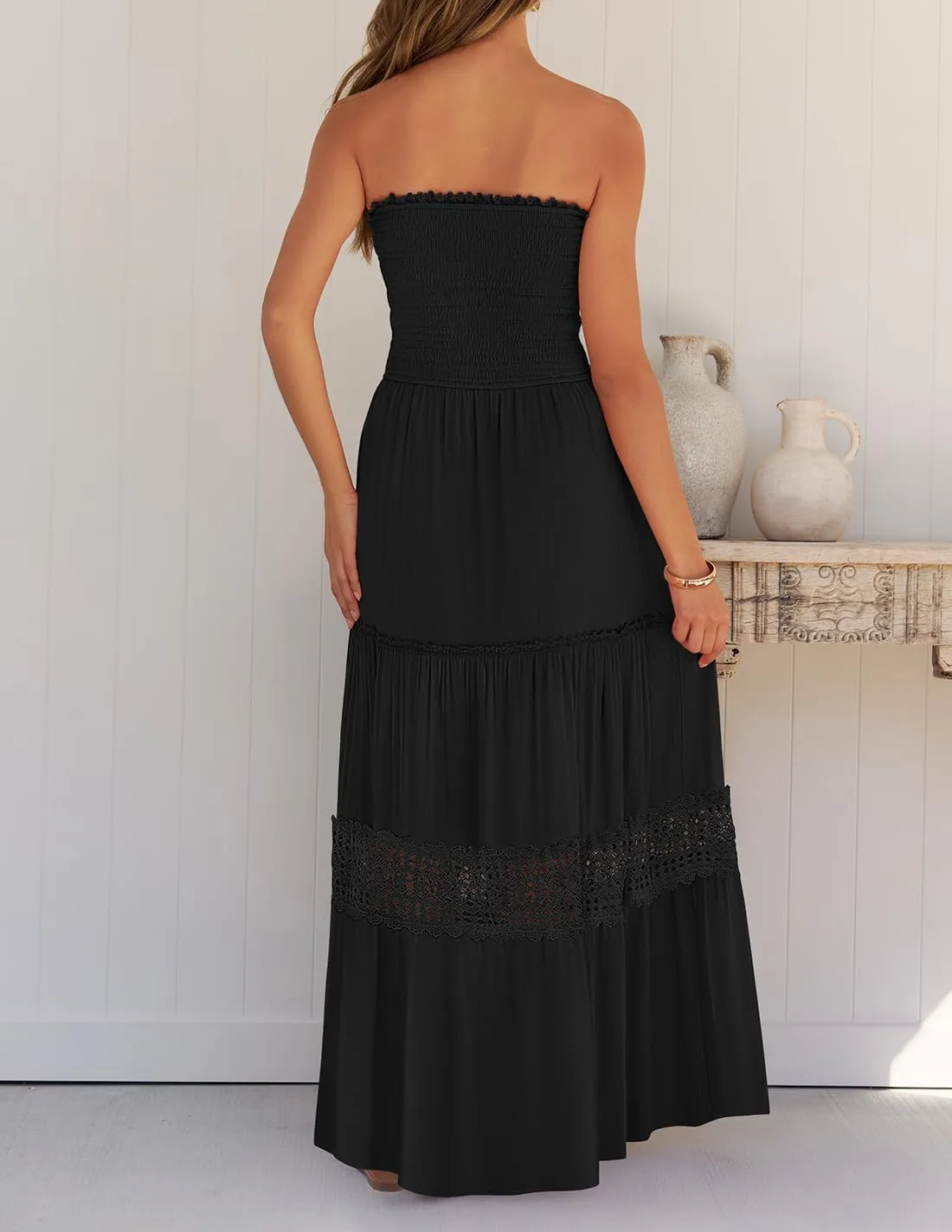 Women's 2025 Summer Bohemian Strapless Off Shoulder Lace Trim Backless Flowy A Line Beach Long Maxi Dress
