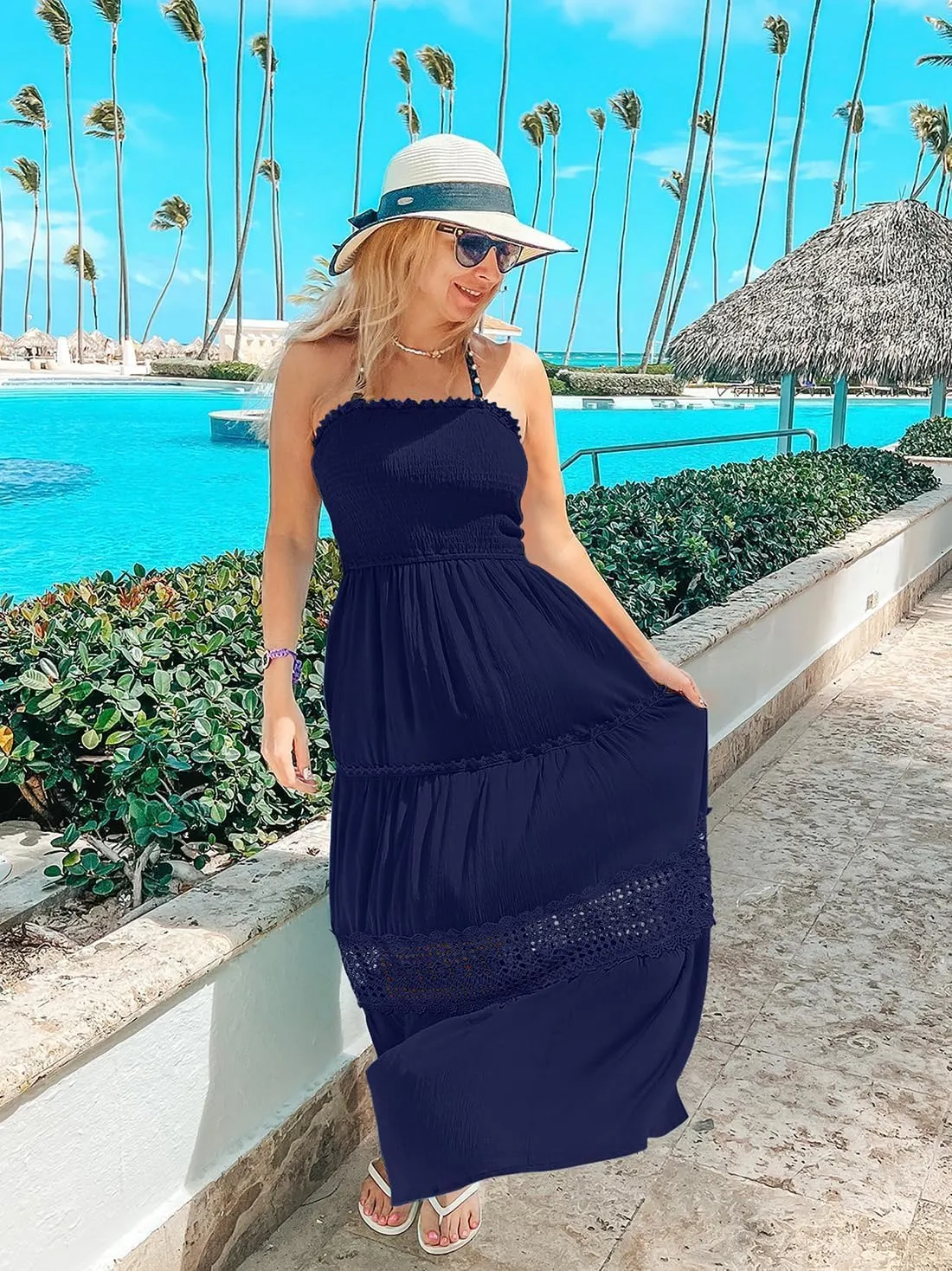 Women's 2025 Summer Bohemian Strapless Off Shoulder Lace Trim Backless Flowy A Line Beach Long Maxi Dress