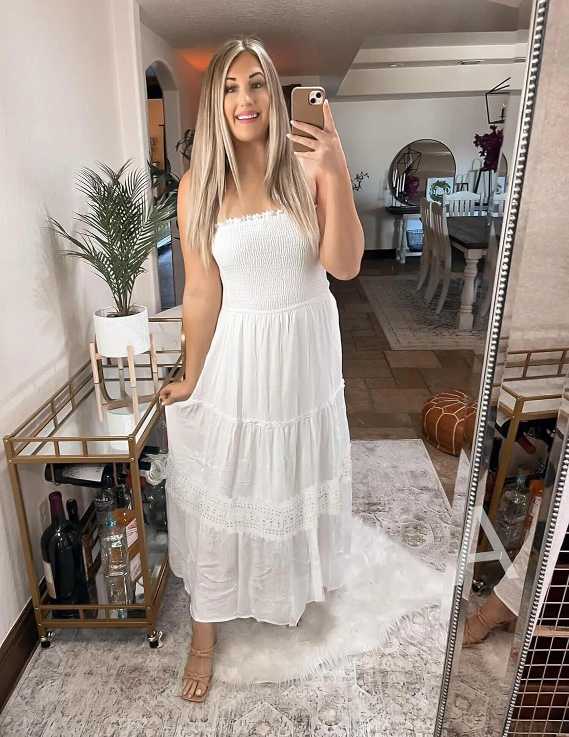Women's 2025 Summer Bohemian Strapless Off Shoulder Lace Trim Backless Flowy A Line Beach Long Maxi Dress