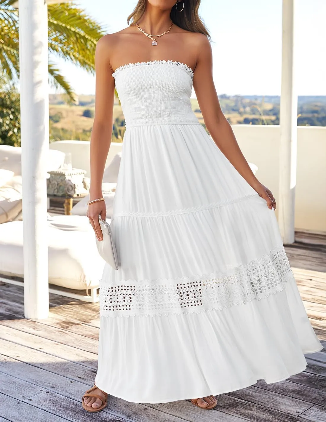 Women's 2025 Summer Bohemian Strapless Off Shoulder Lace Trim Backless Flowy A Line Beach Long Maxi Dress