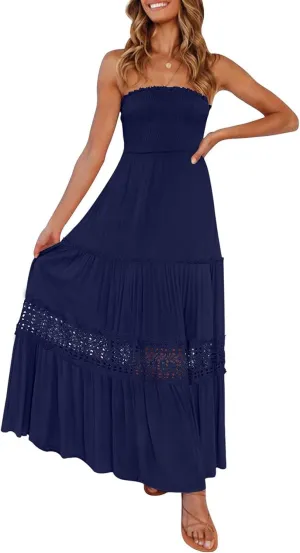 Women's 2025 Summer Bohemian Strapless Off Shoulder Lace Trim Backless Flowy A Line Beach Long Maxi Dress