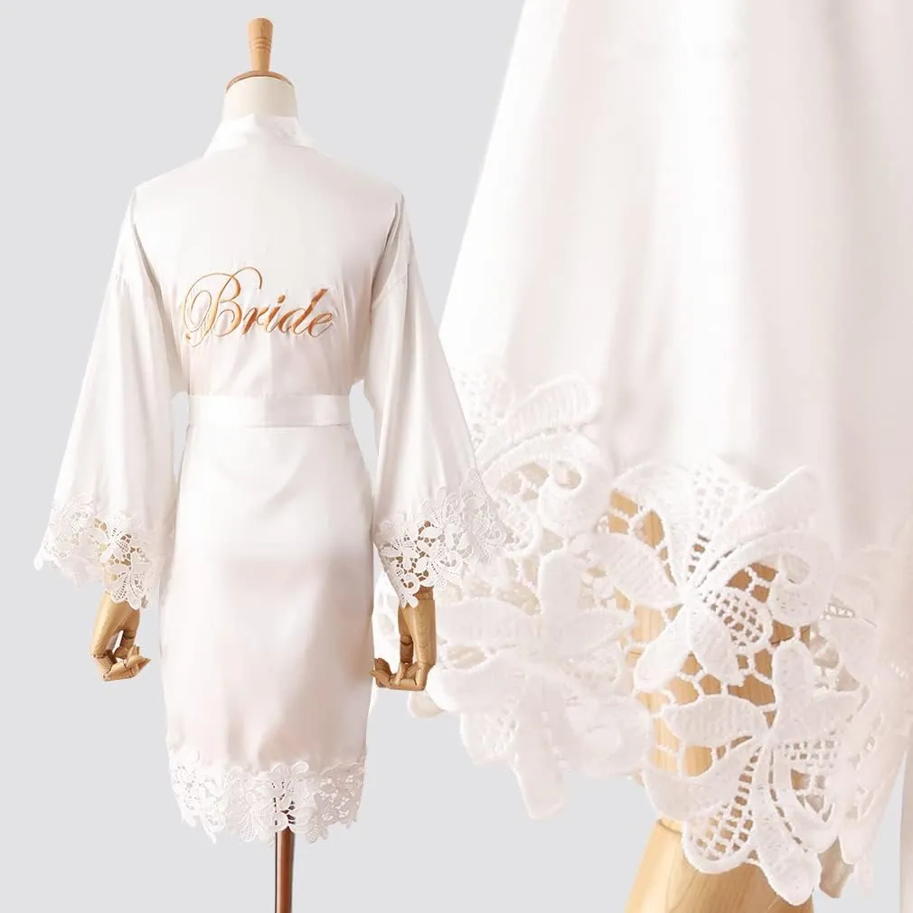 Women's Bride Bridesmaid Robe with Lace Trim Wedding Party Kimono Robes Soft Satin Bathrobe Getting Ready