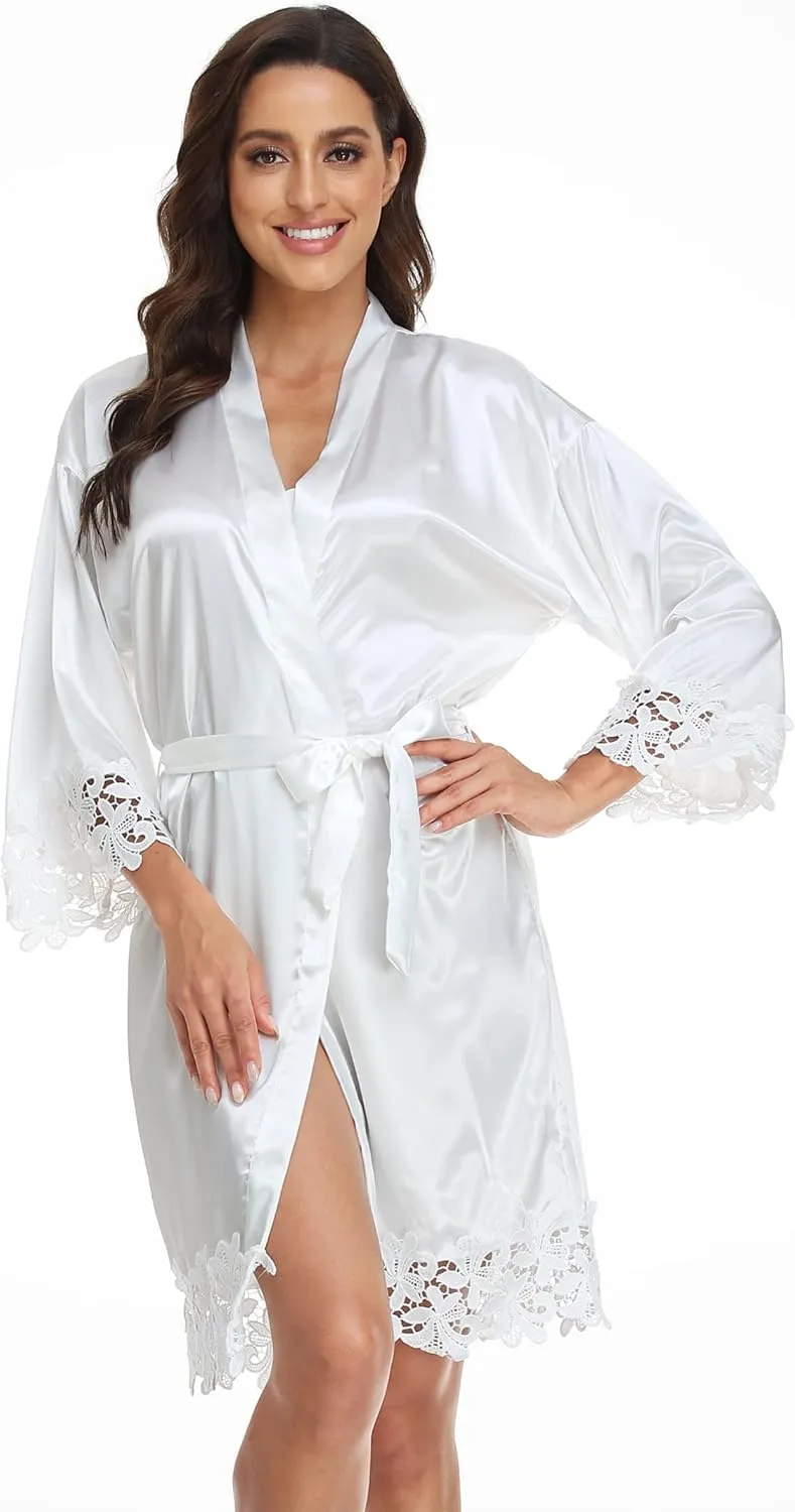 Women's Bride Bridesmaid Robe with Lace Trim Wedding Party Kimono Robes Soft Satin Bathrobe Getting Ready