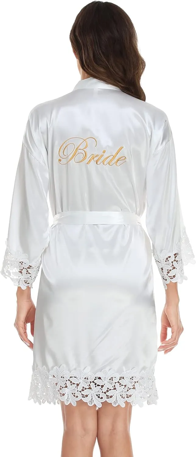 Women's Bride Bridesmaid Robe with Lace Trim Wedding Party Kimono Robes Soft Satin Bathrobe Getting Ready