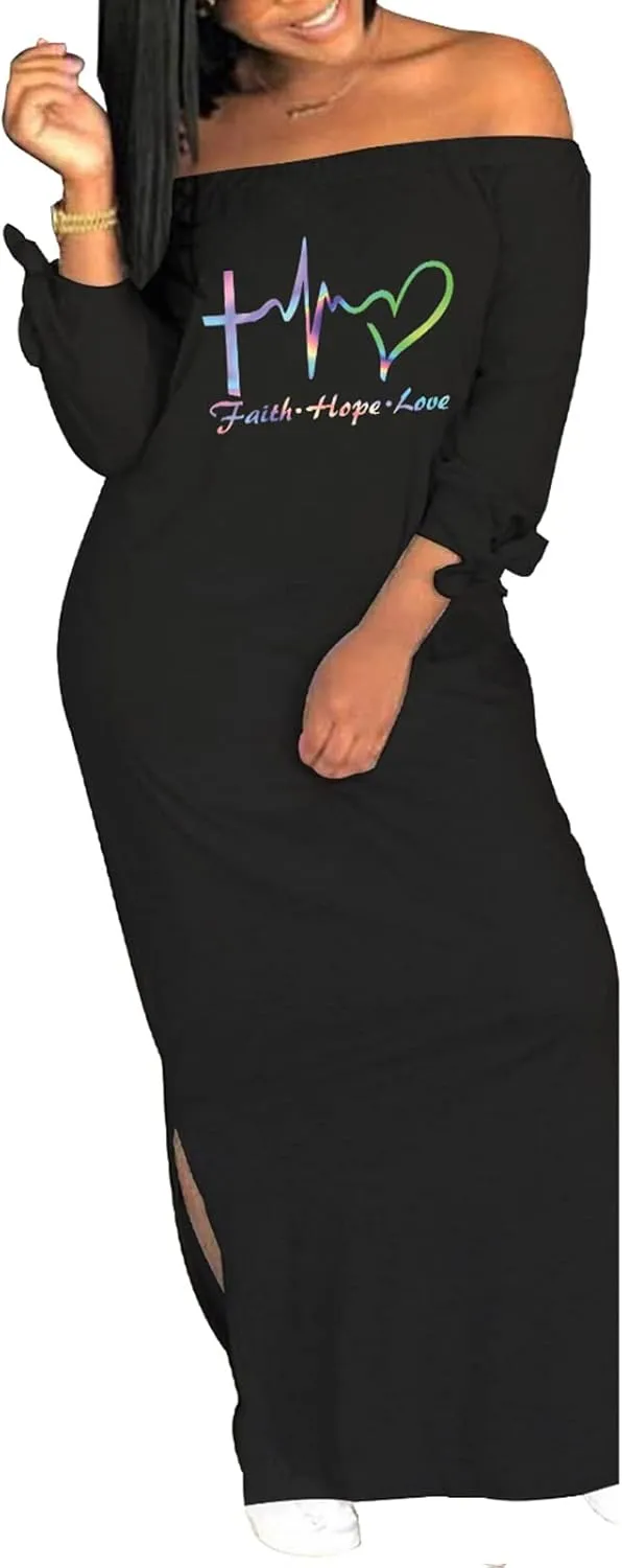Women's Casual Off Shoulder Maxi Dress - African Print Summer Loose Long Sleeve Tunic T Shirt Dresses with Pockets