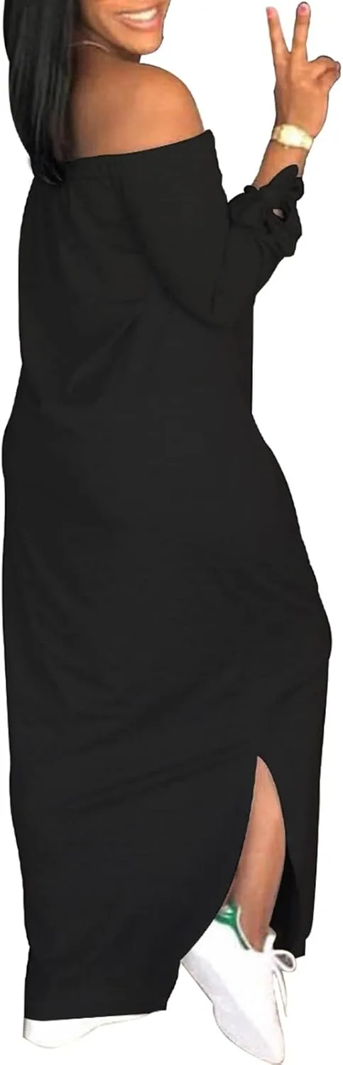 Women's Casual Off Shoulder Maxi Dress - African Print Summer Loose Long Sleeve Tunic T Shirt Dresses with Pockets