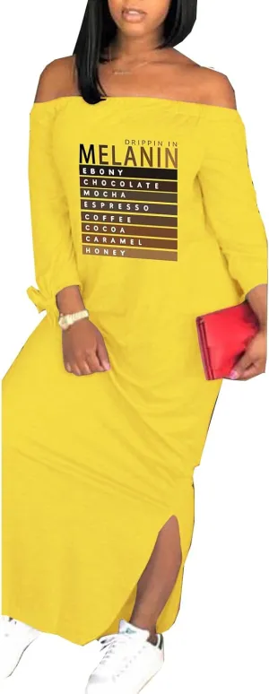 Women's Casual Off Shoulder Maxi Dress - African Print Summer Loose Long Sleeve Tunic T Shirt Dresses with Pockets