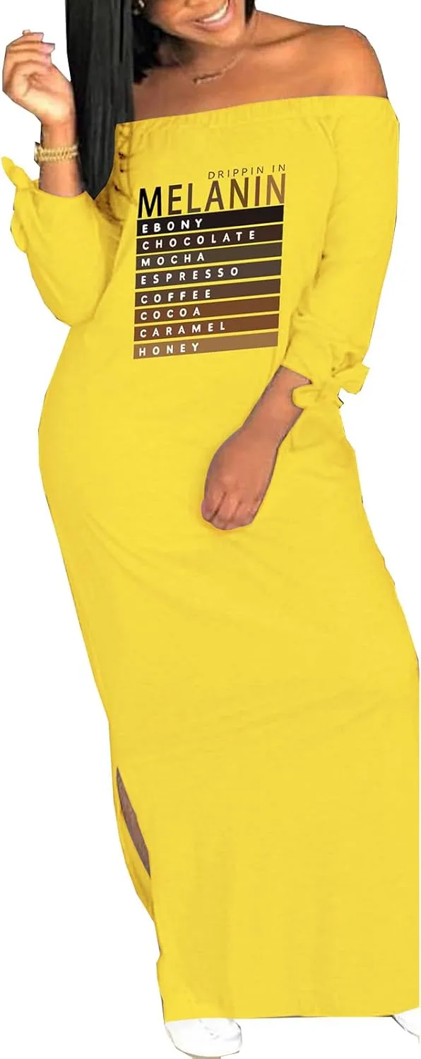 Women's Casual Off Shoulder Maxi Dress - African Print Summer Loose Long Sleeve Tunic T Shirt Dresses with Pockets