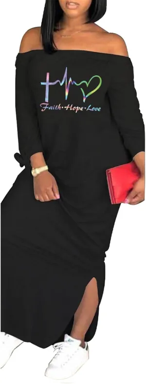 Women's Casual Off Shoulder Maxi Dress - African Print Summer Loose Long Sleeve Tunic T Shirt Dresses with Pockets