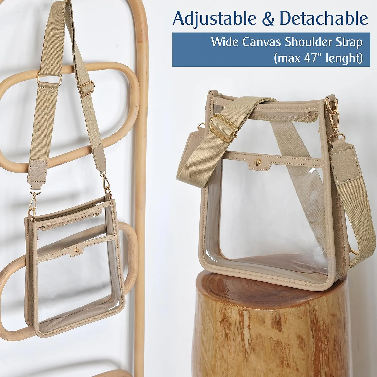 Women's Clear PVC Cross Body Bag Zipper Pocket Shoulder Bag with Vegan Leather Trim Stadium Approved Transparent Purse
