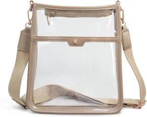 Women's Clear PVC Cross Body Bag Zipper Pocket Shoulder Bag with Vegan Leather Trim Stadium Approved Transparent Purse