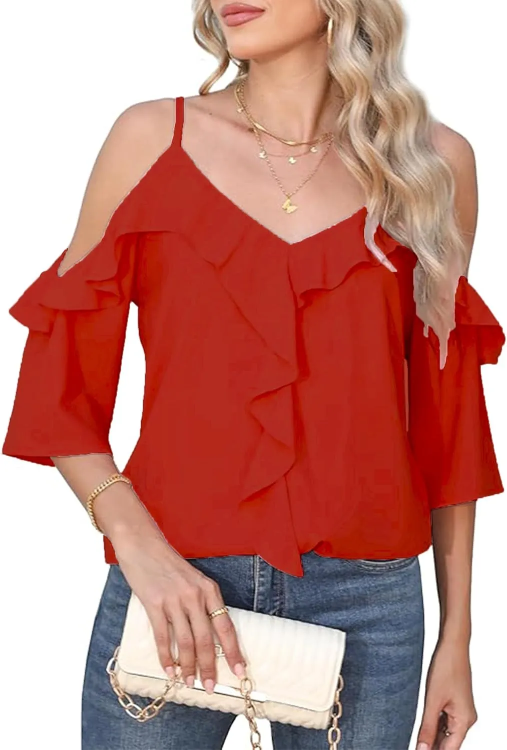 Women's Cold Shoulder Blouses Ruffle Dressy Casual 3/4 Sleeve Chiffon Tops Flowy Adjustable Strap Summer Shirt