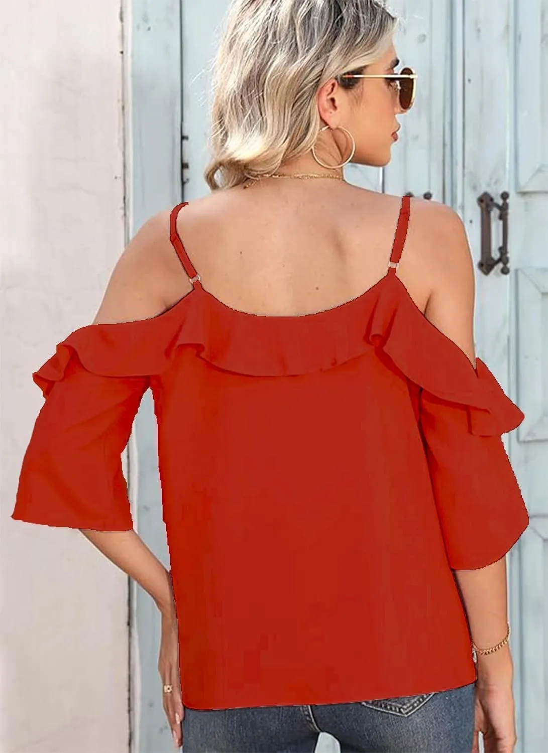 Women's Cold Shoulder Blouses Ruffle Dressy Casual 3/4 Sleeve Chiffon Tops Flowy Adjustable Strap Summer Shirt