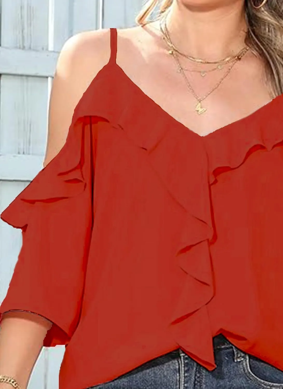 Women's Cold Shoulder Blouses Ruffle Dressy Casual 3/4 Sleeve Chiffon Tops Flowy Adjustable Strap Summer Shirt