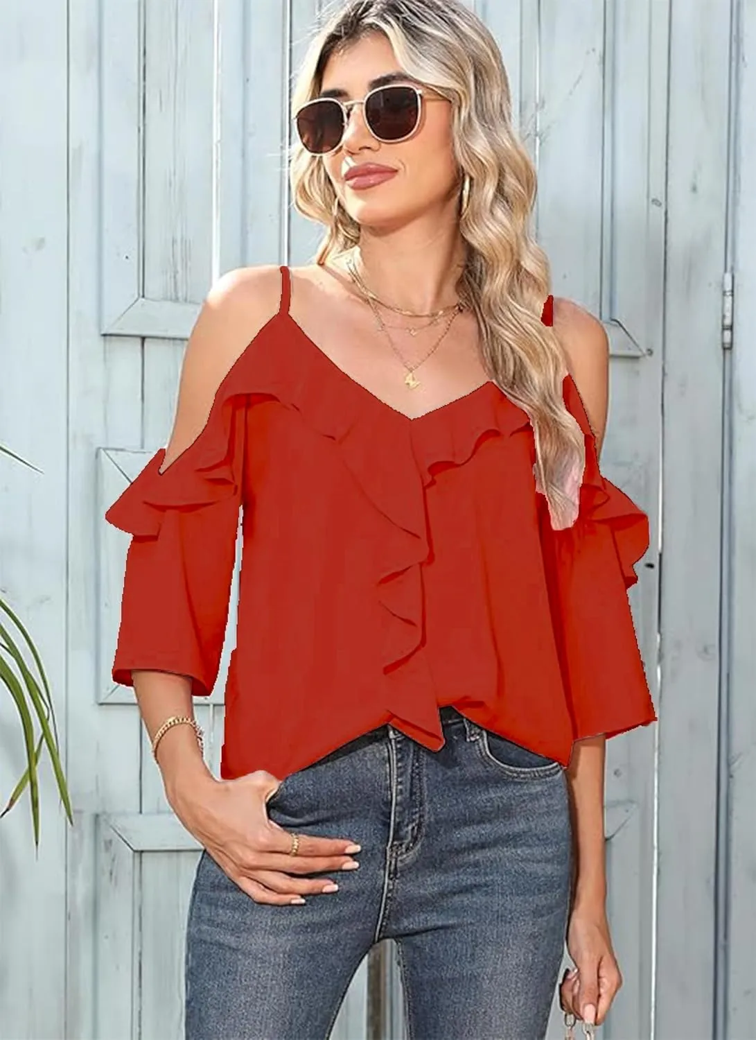 Women's Cold Shoulder Blouses Ruffle Dressy Casual 3/4 Sleeve Chiffon Tops Flowy Adjustable Strap Summer Shirt