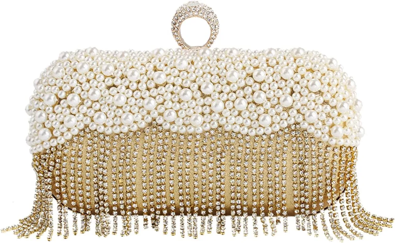 Women's Evening Bag Pearl Handbag Crystal Tassel Clutch Purses Rhinestones Shoulder Bag