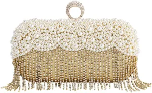 Women's Evening Bag Pearl Handbag Crystal Tassel Clutch Purses Rhinestones Shoulder Bag