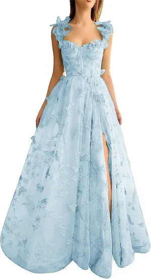 Women's Fairy Butterfly Embroidery Evening Dresses Sleeveless Long Tulle Prom Dress A Line