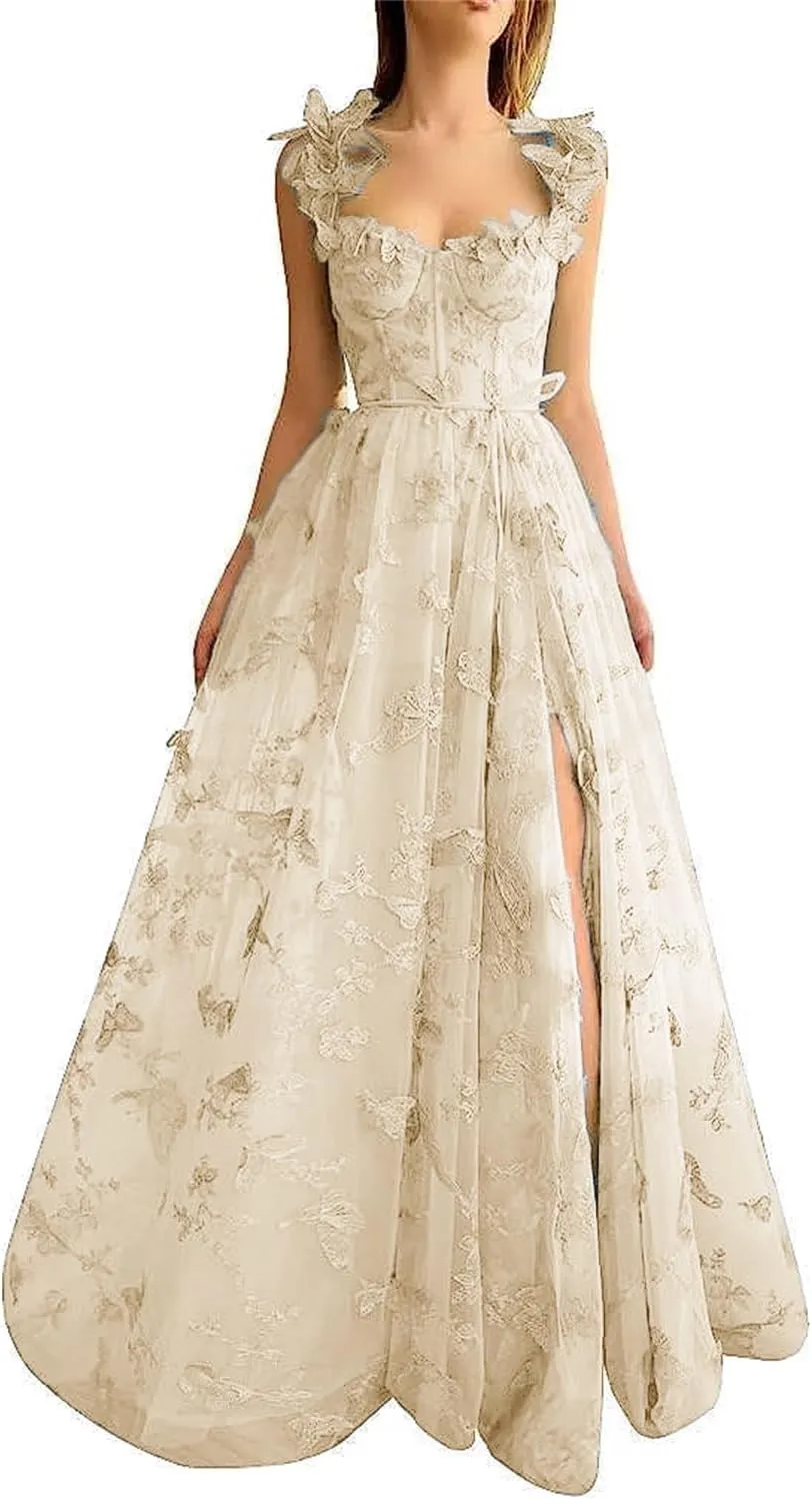 Women's Fairy Butterfly Embroidery Evening Dresses Sleeveless Long Tulle Prom Dress A Line
