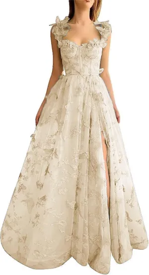 Women's Fairy Butterfly Embroidery Evening Dresses Sleeveless Long Tulle Prom Dress A Line