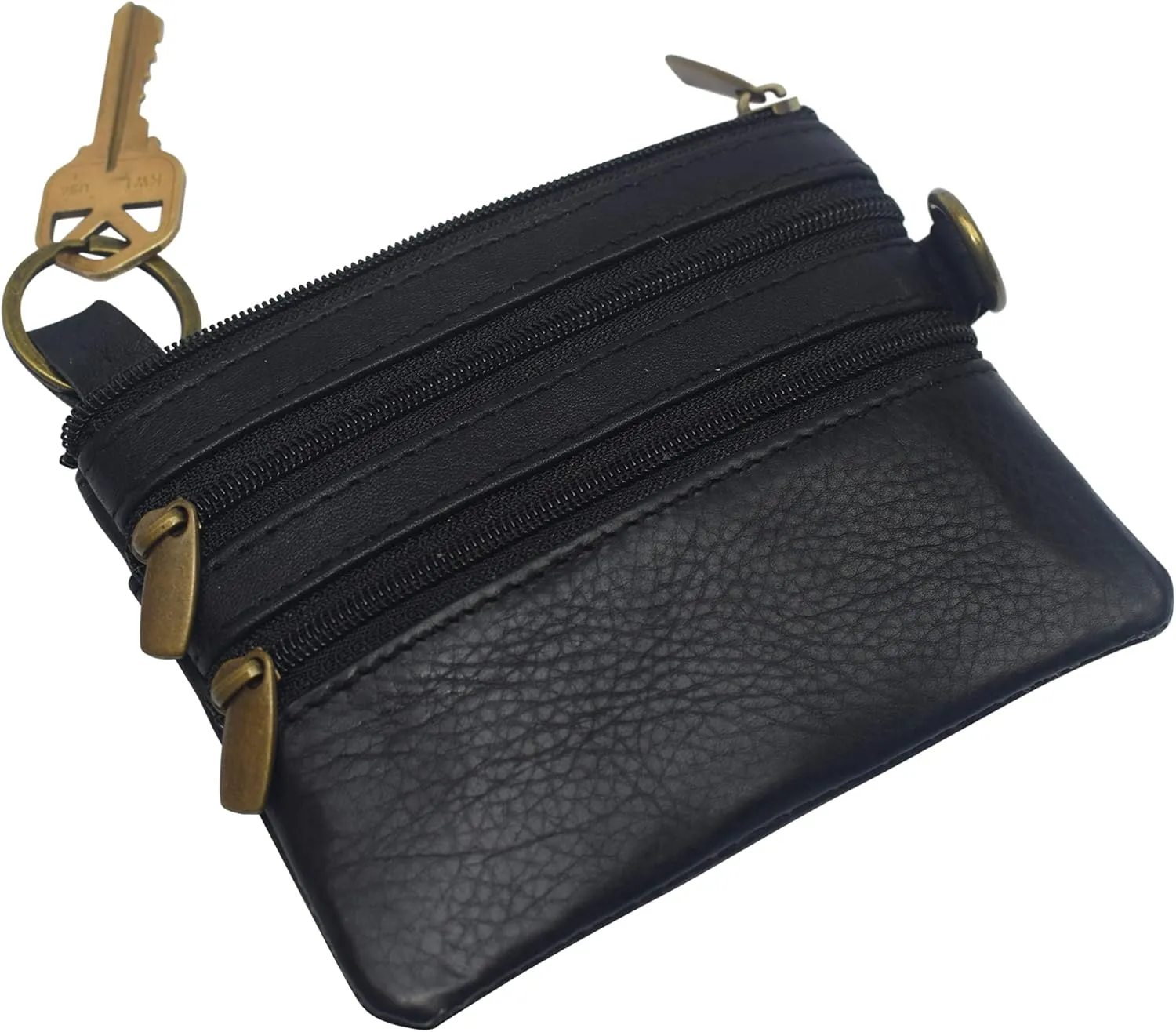 Women's Genuine Leather Coin Purse Mini Pouch Change Wallet with Key Ring (Black 2PCS)