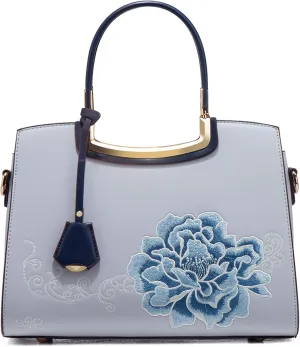 Women's Handbag Puese PU Leather Flower Embroidery Shoulder Bag Chic Crossbody Large Commuter Top Handle Satchel Bag，bag1655OWOISS