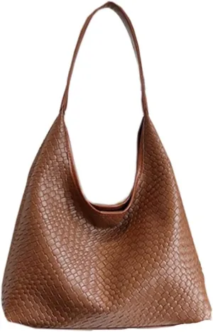 Women's Handbag Woven Hobo Shoulder Bag, Large Capacity Tote, PU Leather, Magnetic Closure