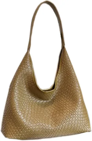 Women's Handbag Woven Hobo Shoulder Bag, Large Capacity Tote, PU Leather, Magnetic Closure
