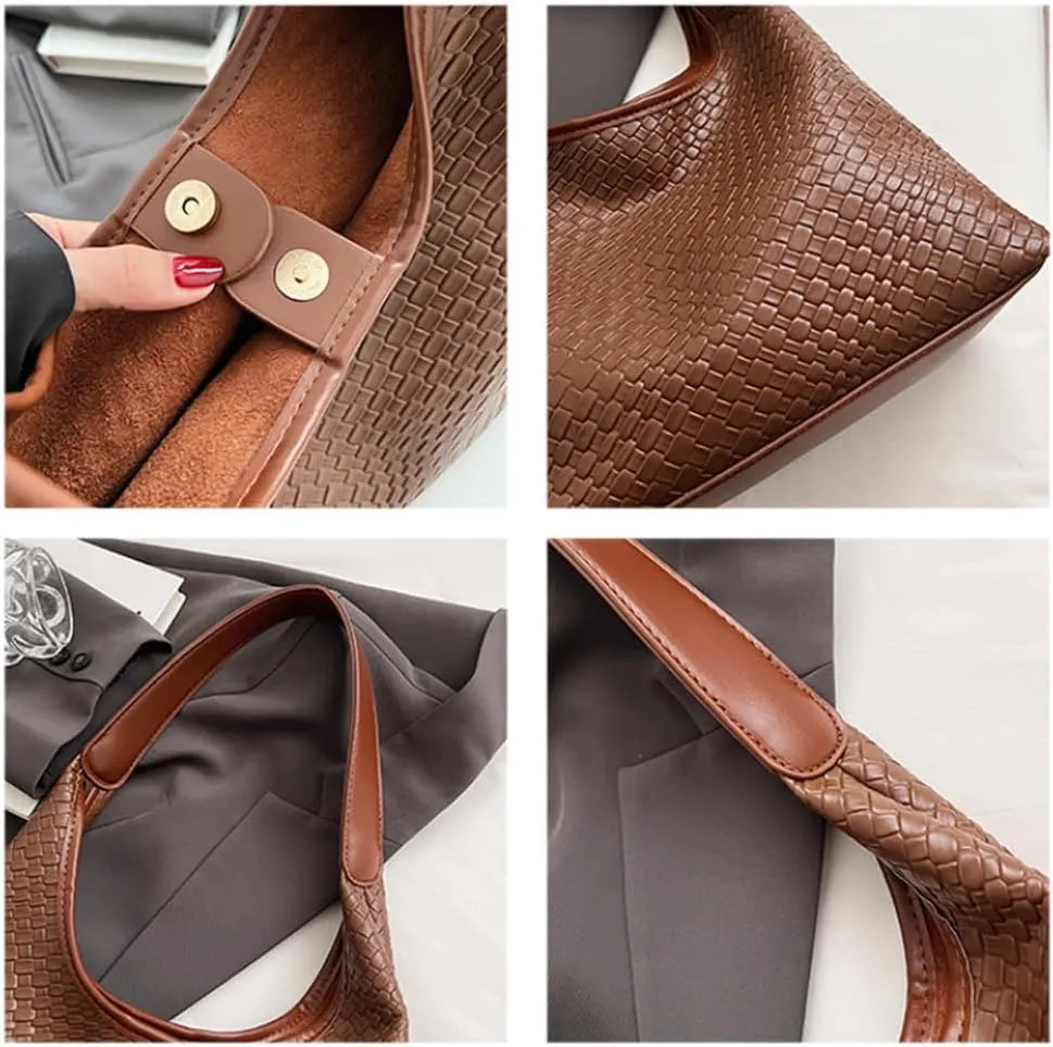 Women's Handbag Woven Hobo Shoulder Bag, Large Capacity Tote, PU Leather, Magnetic Closure