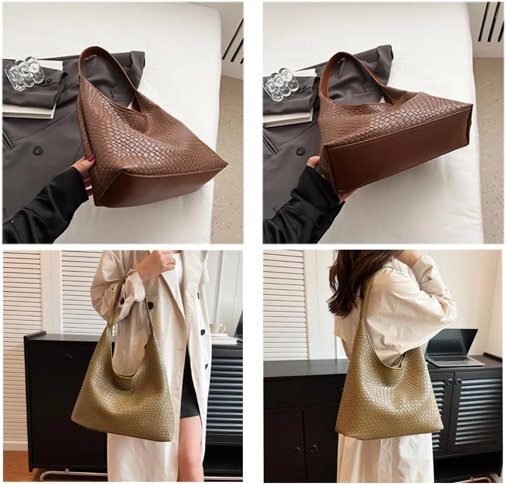 Women's Handbag Woven Hobo Shoulder Bag, Large Capacity Tote, PU Leather, Magnetic Closure