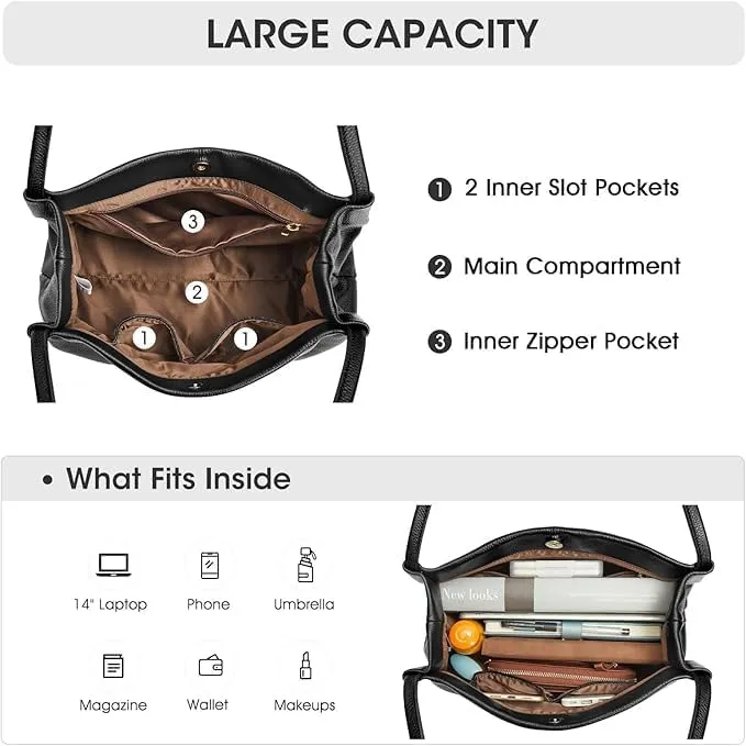 Women's Hobo Shoulder Bag, Soft Leather Tote Handbag with Magnetic Closure, Brown