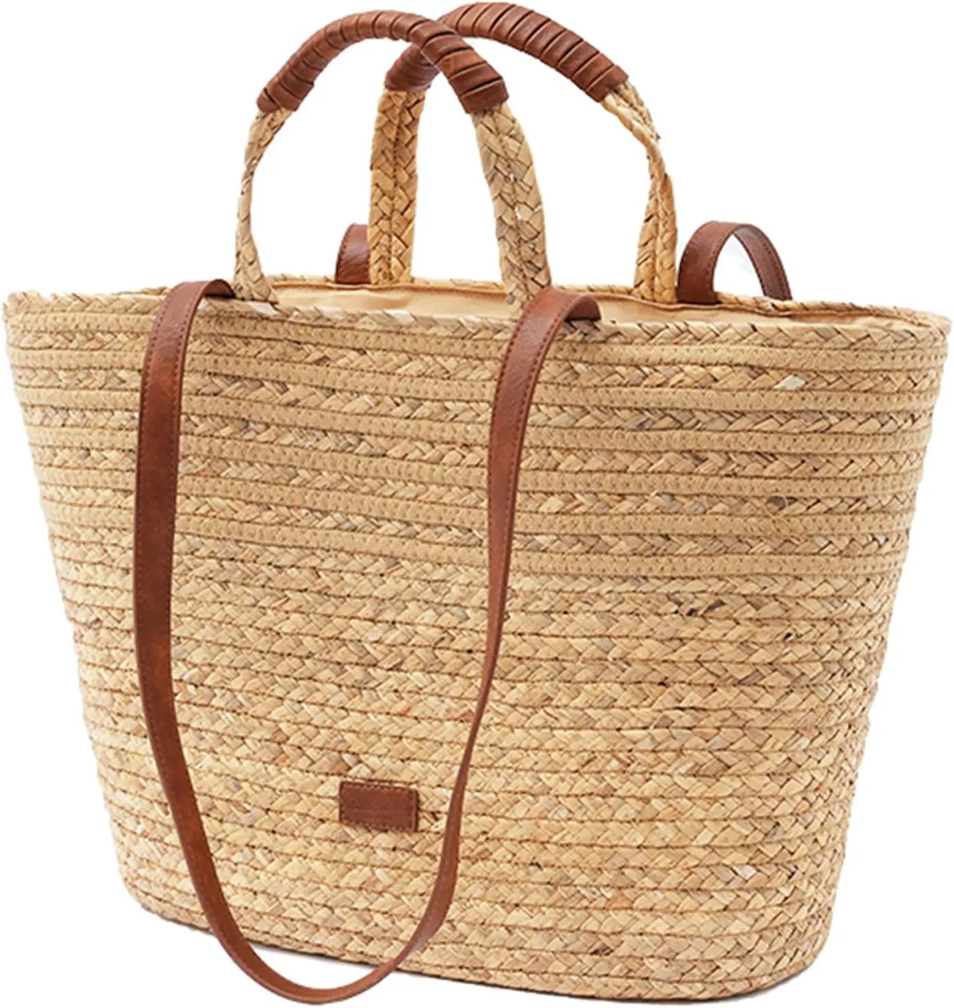 Womens Large Straw Tote Bag, Handwoven with Leather Handles, New Summer Beach Shoulder Handbag with Zipper Closure,for Vacation,Work or Daily Use,Lightweight,Natural