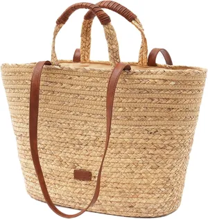 Womens Large Straw Tote Bag, Handwoven with Leather Handles, New Summer Beach Shoulder Handbag with Zipper Closure,for Vacation,Work or Daily Use,Lightweight,Natural