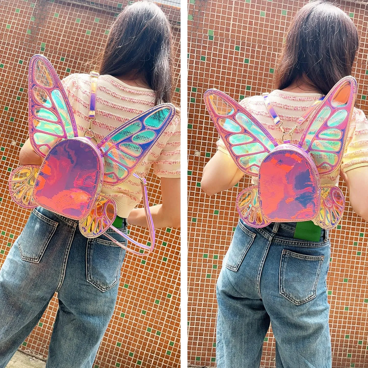 Women's Laser Holographic Backpack Butterfly Angel Wings Casual Daypack Shoulder Bag (Laser Pink)