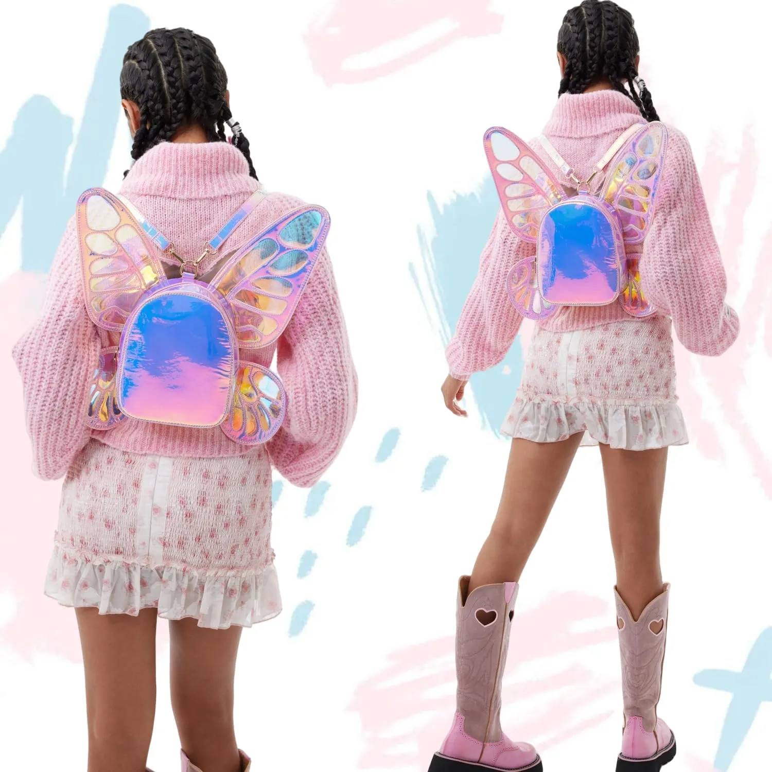 Women's Laser Holographic Backpack Butterfly Angel Wings Casual Daypack Shoulder Bag (Laser Pink)